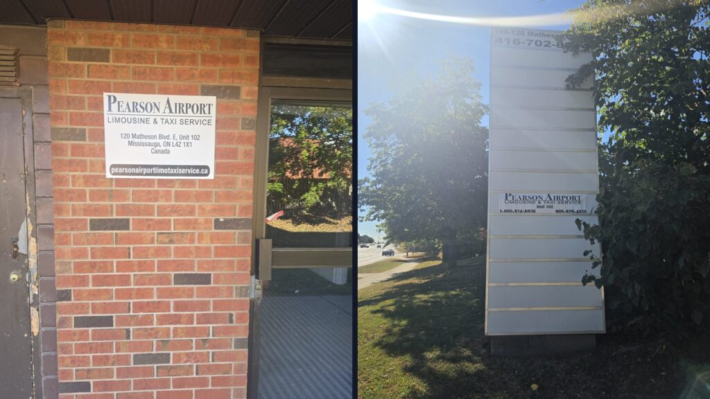 Pearson Airport Limousine and Taxi Service signs at 120 Matheson Blvd East Unit 102 Mississauga