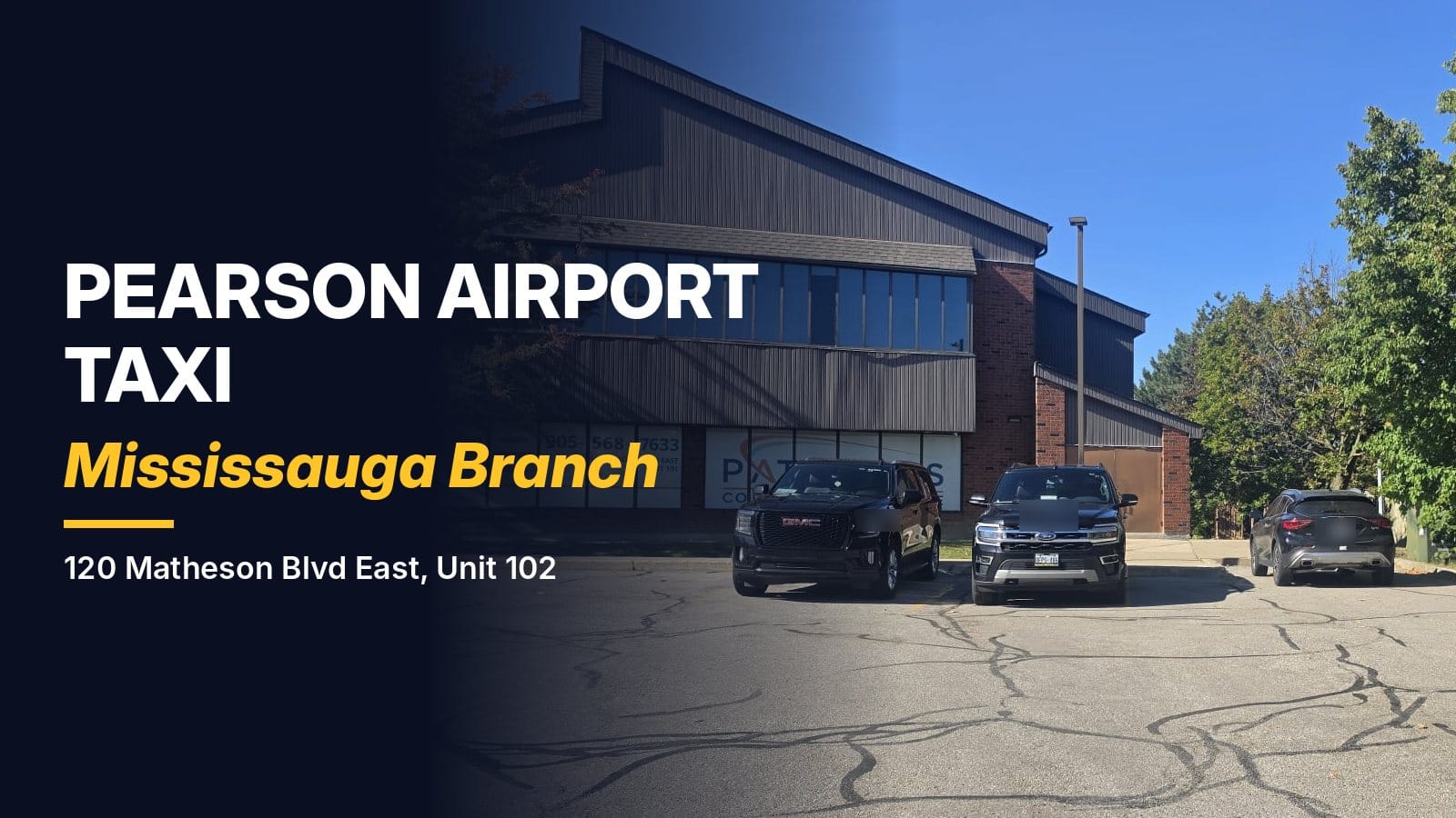 Exterior of the Pearson Airport Limousine & Taxi Service Mississauga office at 120 Matheson Boulevard East