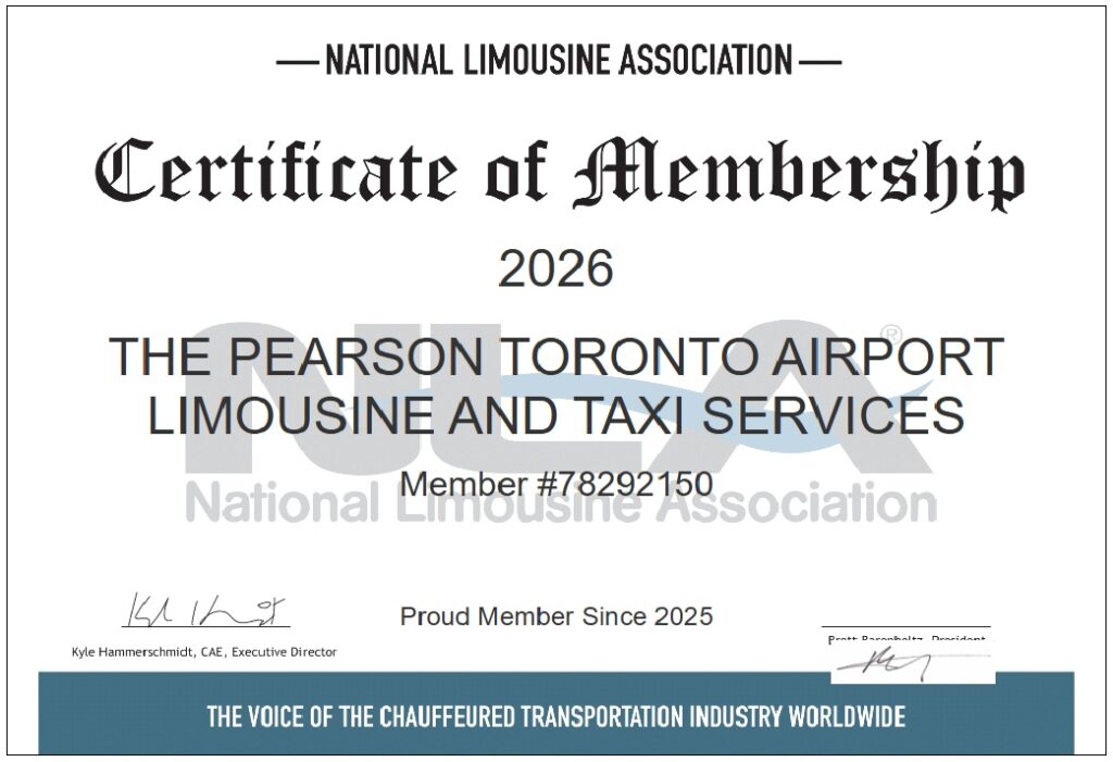 certificate of national limousine association pearson airport taxi and limo service