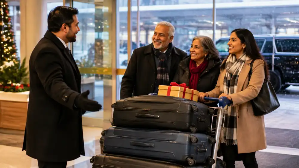 Pearson Airport Limo driver meeting a family with suitcases at the Arrivals Level in winter