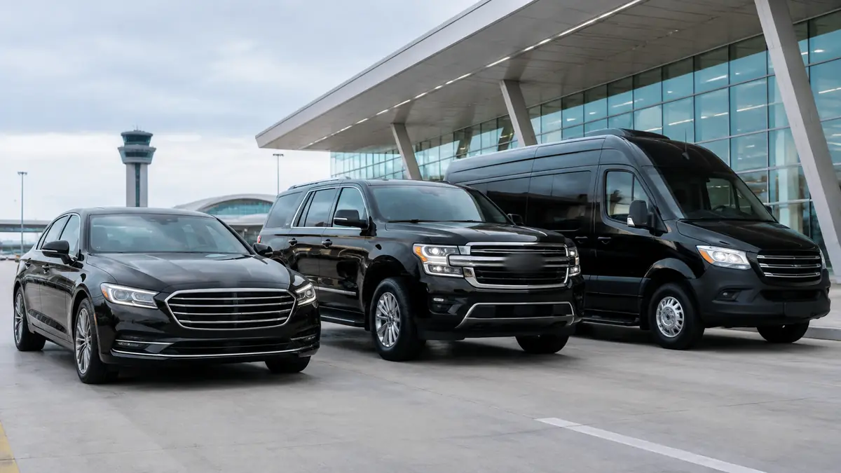 Pearson Airport Limo sedan, SUV and Sprinter van at the terminal curb for holiday pickups